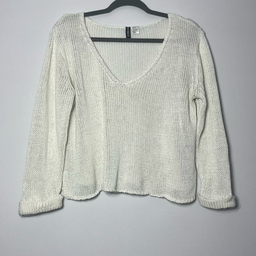 HM Divided Women’s White Open Knit Sweater Size 8 Rolled Cuff Casual Loose